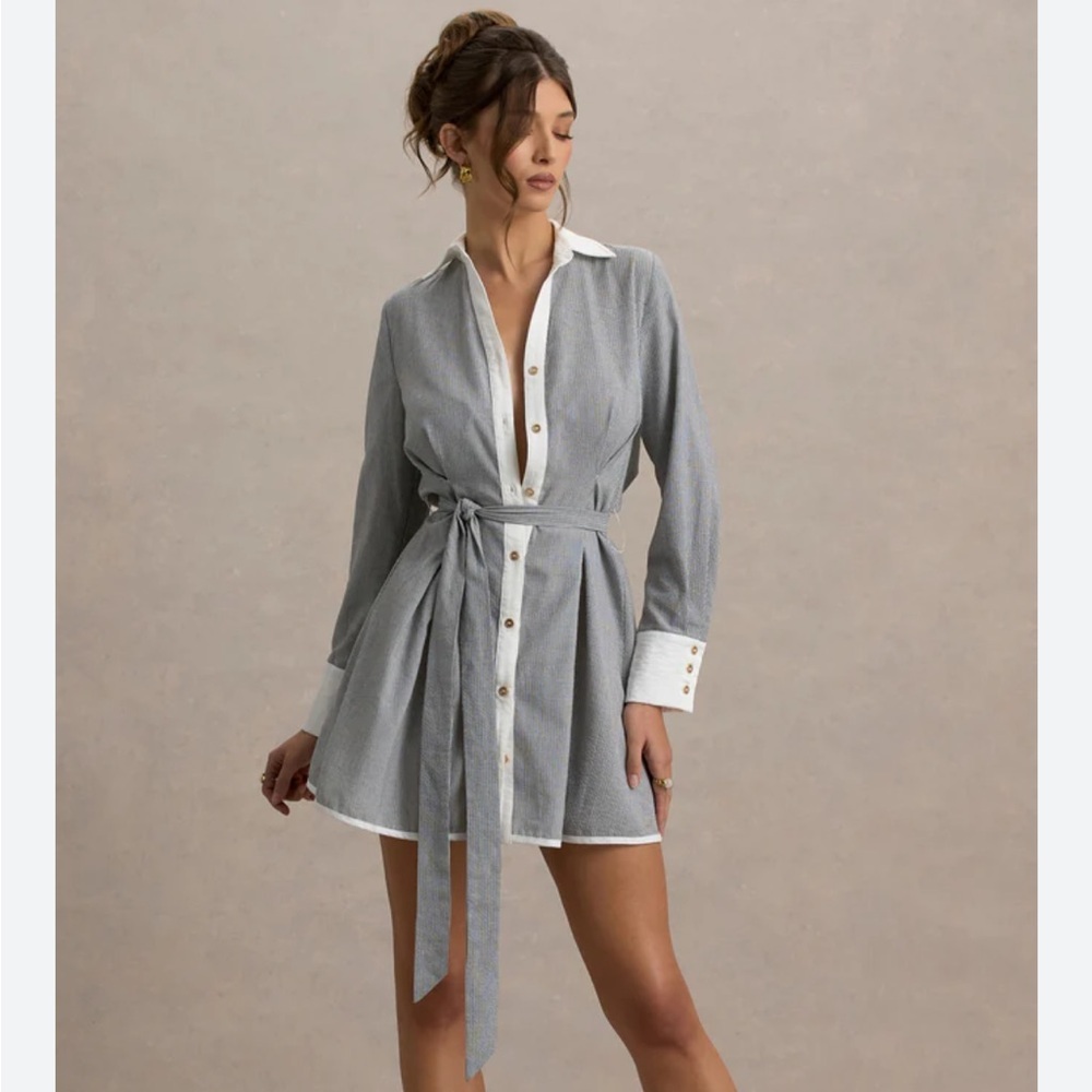 Club L BEATRIZ Grey Linen Pinstripe Mini Shirt Dress Long Sleeves Belted Sz 2 - Picture 2 of 15